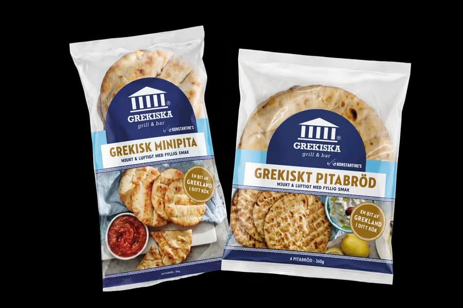 Förpackningar med grekiskt pitabröd och grekisk minipita
